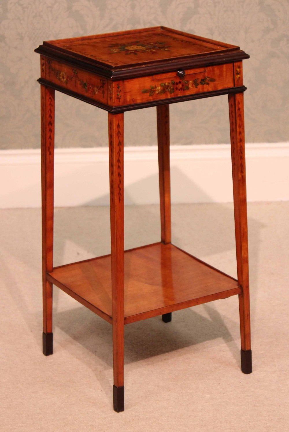 An Exhibition Quality Edwardian Mahogany Inlaid Kettle Stand With Candle Slide View II