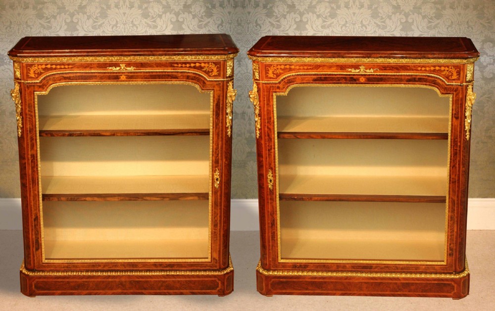 A Pair of Lovely Exhibition Quality Victorian Burr Walnut inlaid Pier Cabinets by Wilkinson & Sons.