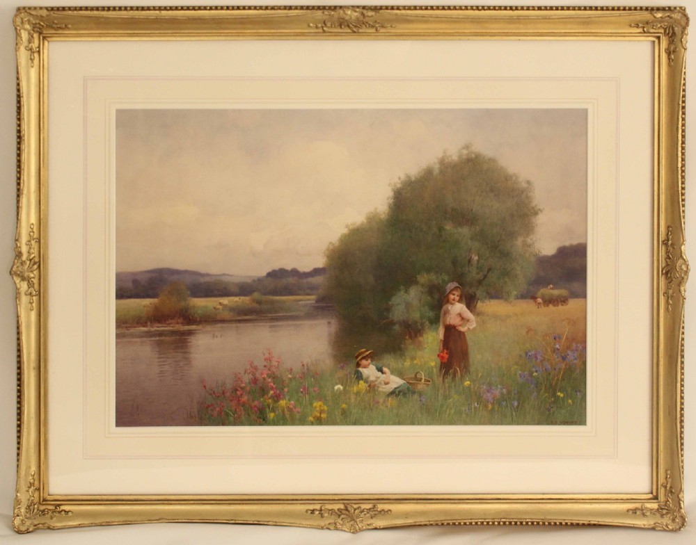 Benjamin D. Sigmund (1880-1903) Watercolour of girls in a river scene View II