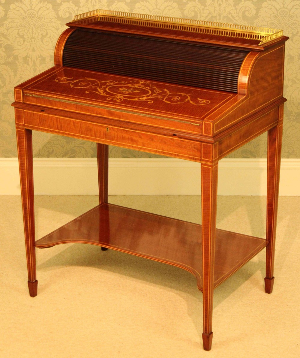 A Quality Late Victorian Mahogany Inlaid Cylinder Desk Circa 1890 View II