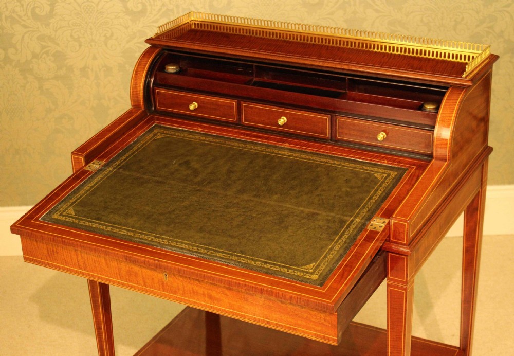 A Quality Late Victorian Mahogany Inlaid Cylinder Desk Circa 1890 View III