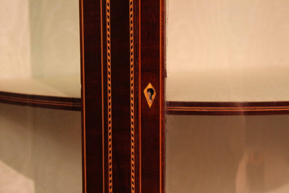 A Fine Quality Pair of Edwardian Inlaid Bow-front Glazed Display Cabinets View V