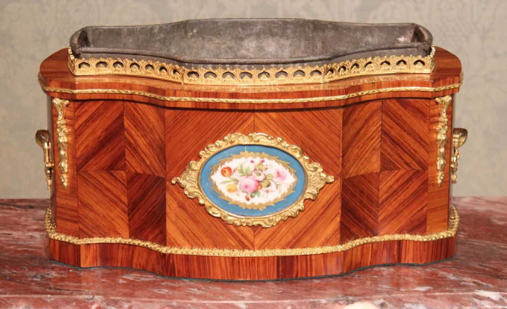 A Fine Victorian Kingwood and Ormolu mounted Table Top Jardiniere with Painted Plaques View II