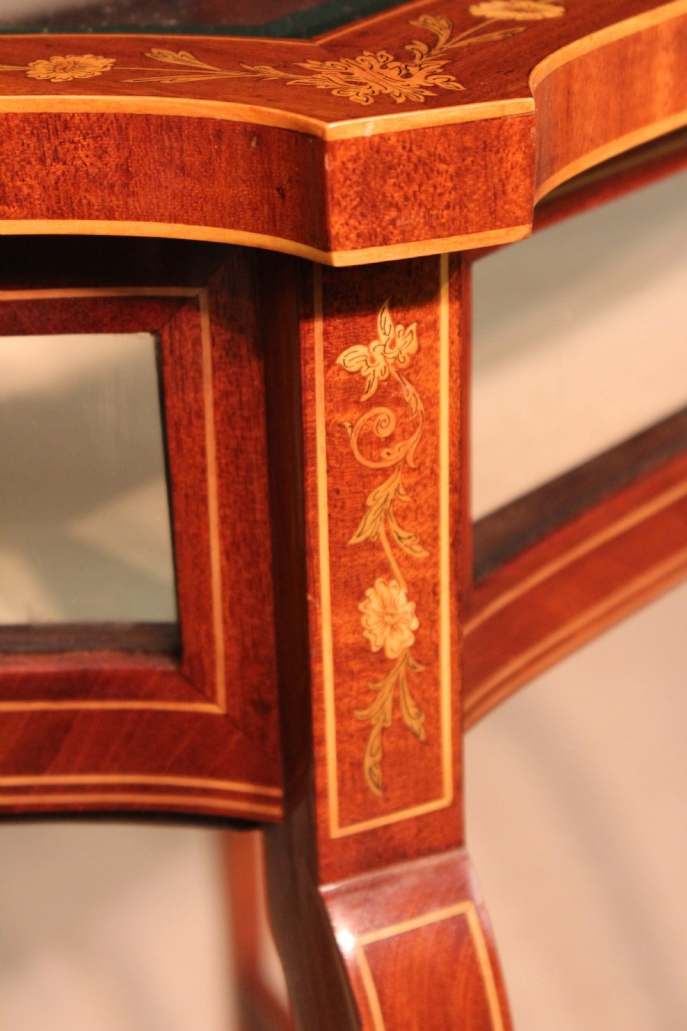 A Fine Quality Late Victorian Mahogany Inlaid Serpentine Shaped Bijouterie Table View VI