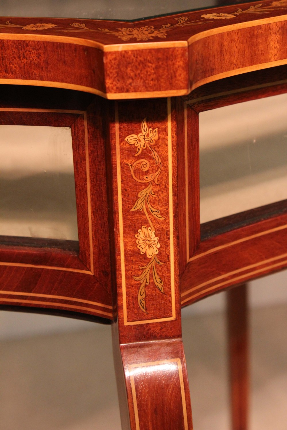 A Fine Quality Late Victorian Mahogany Inlaid Serpentine Shaped Bijouterie Table View VII