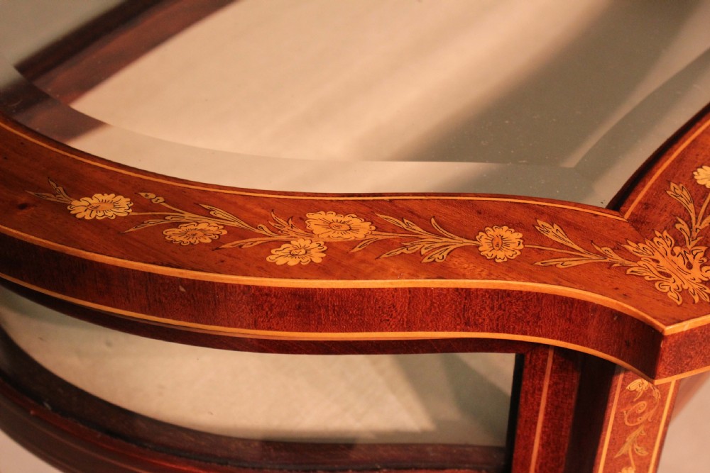 A Fine Quality Late Victorian Mahogany Inlaid Serpentine Shaped Bijouterie Table View VIII