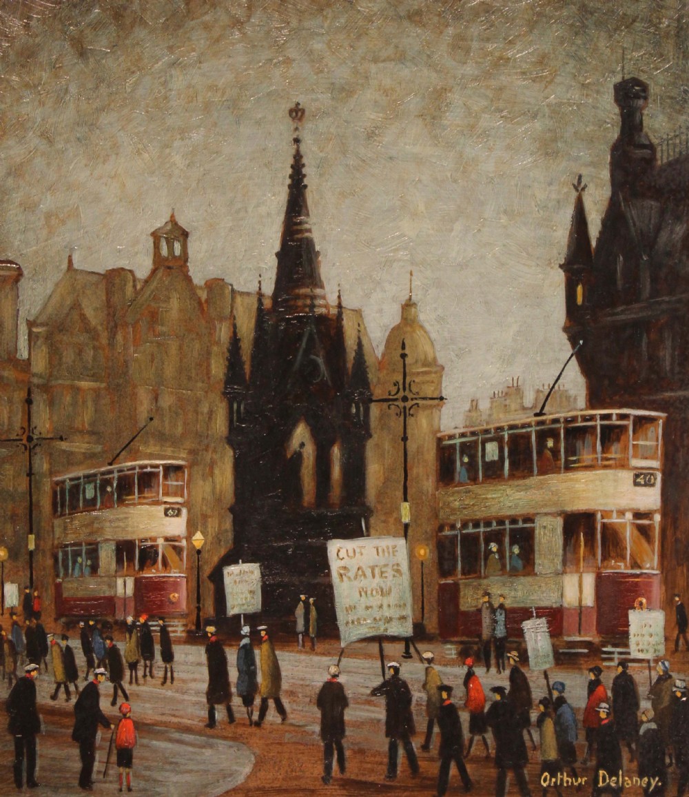 ARTHUR DELANEY (1927 - 1987) Albert Square, Oil on board, signed to lower right.