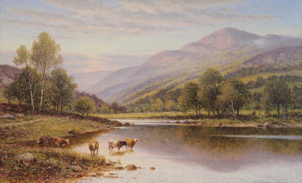 ALFRED AUGUSTUS GLENDENING SR. (1840 - 1910), River landscape with cattle, Oil on canvas, signed to lower left.