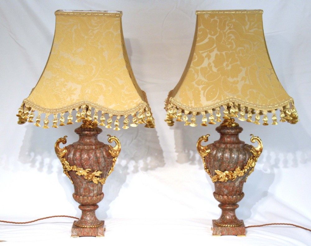 An Exhibition Quality Late 19th Century French Red and Grey Marble and Ormolu Mounted Pair of Table Lamps