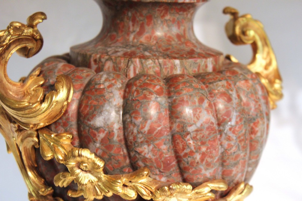 An Exhibition Quality Late 19th Century French Red and Grey Marble and Ormolu Mounted Pair of Table Lamps View II