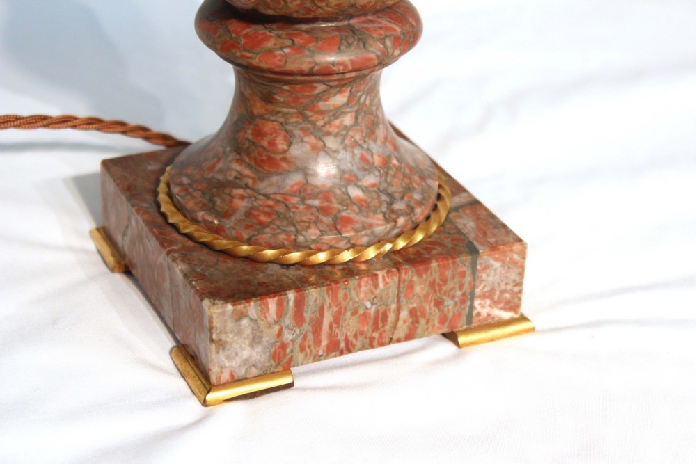 An Exhibition Quality Late 19th Century French Red and Grey Marble and Ormolu Mounted Pair of Table Lamps View III