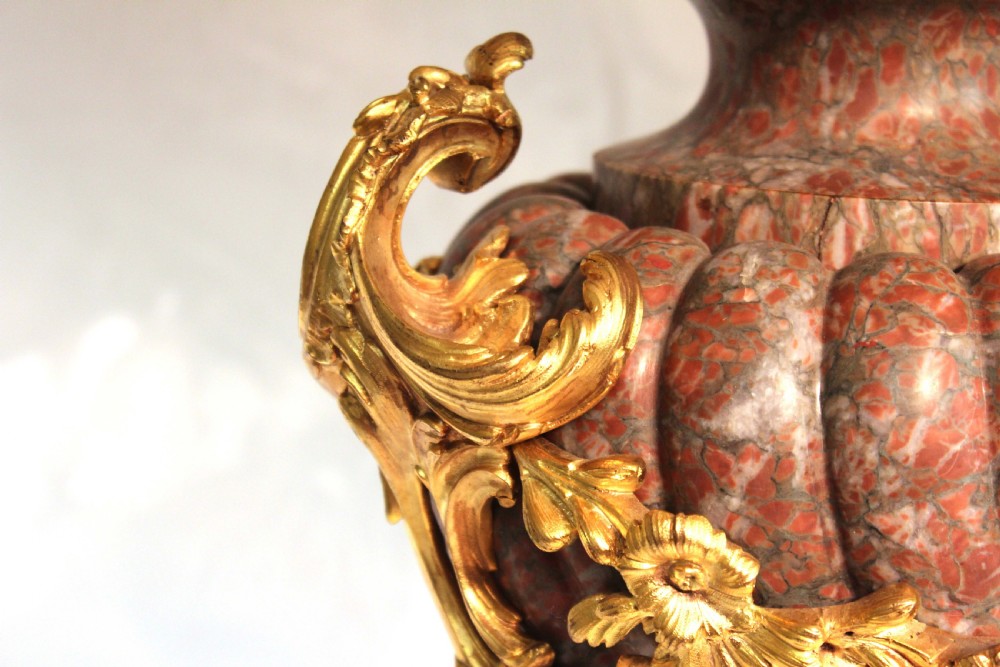 An Exhibition Quality Late 19th Century French Red and Grey Marble and Ormolu Mounted Pair of Table Lamps View IV