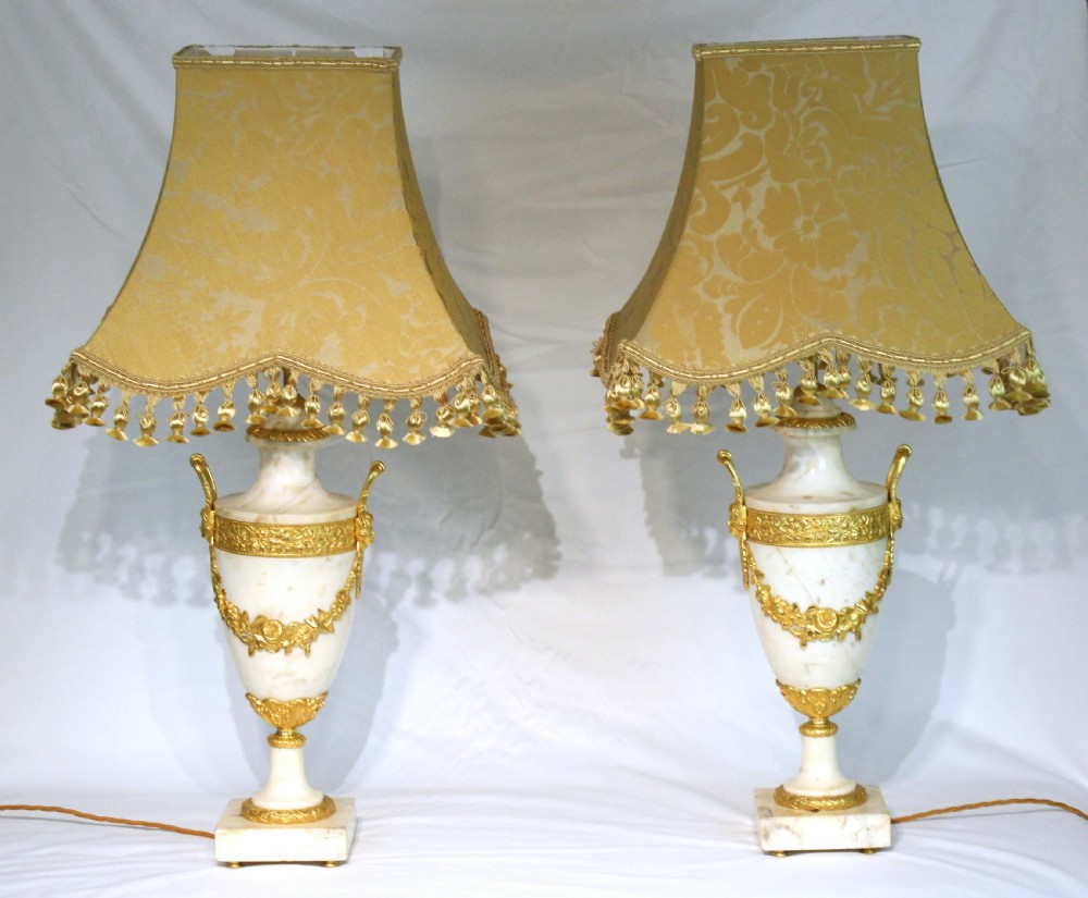 A Fine Quality Late 19th Century Carrera Marble and Ormolu Pair of Table Lamps