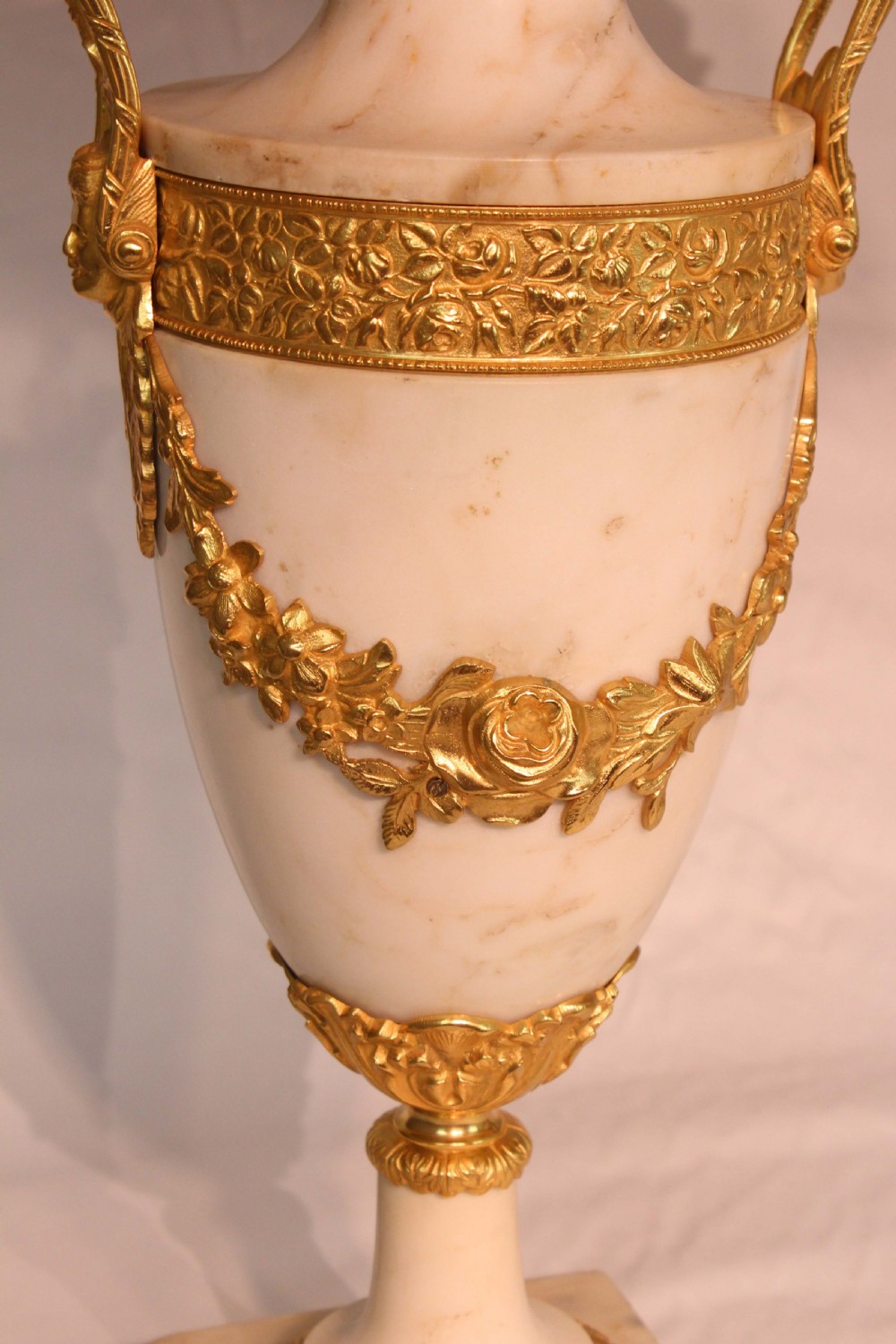 A Fine Quality Late 19th Century Carrera Marble and Ormolu Pair of Table Lamps View II