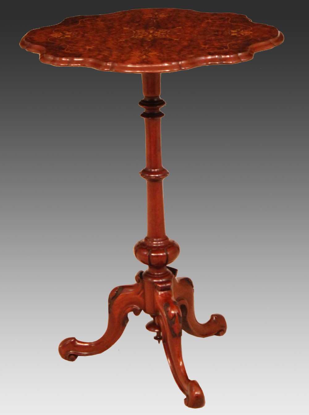 A Fine Quality Victorian Burr-Walnut Inlaid Scallop edge Tripod Table