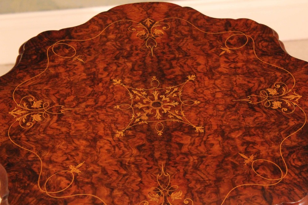 A Fine Quality Victorian Burr-Walnut Inlaid Scallop edge Tripod Table View II