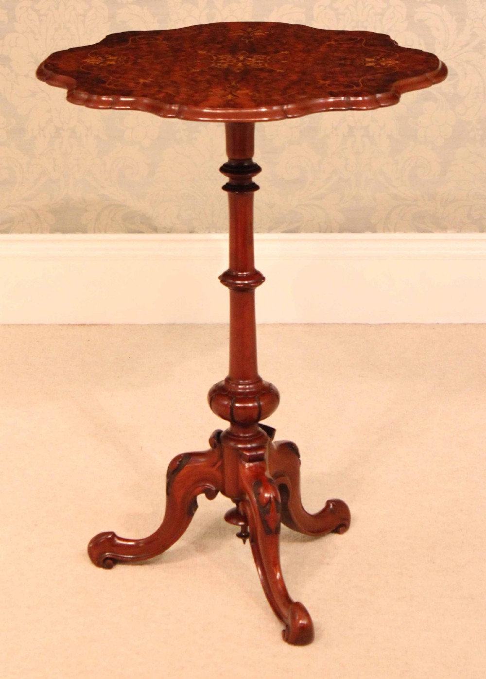 A Fine Quality Victorian Burr-Walnut Inlaid Scallop edge Tripod Table View VII