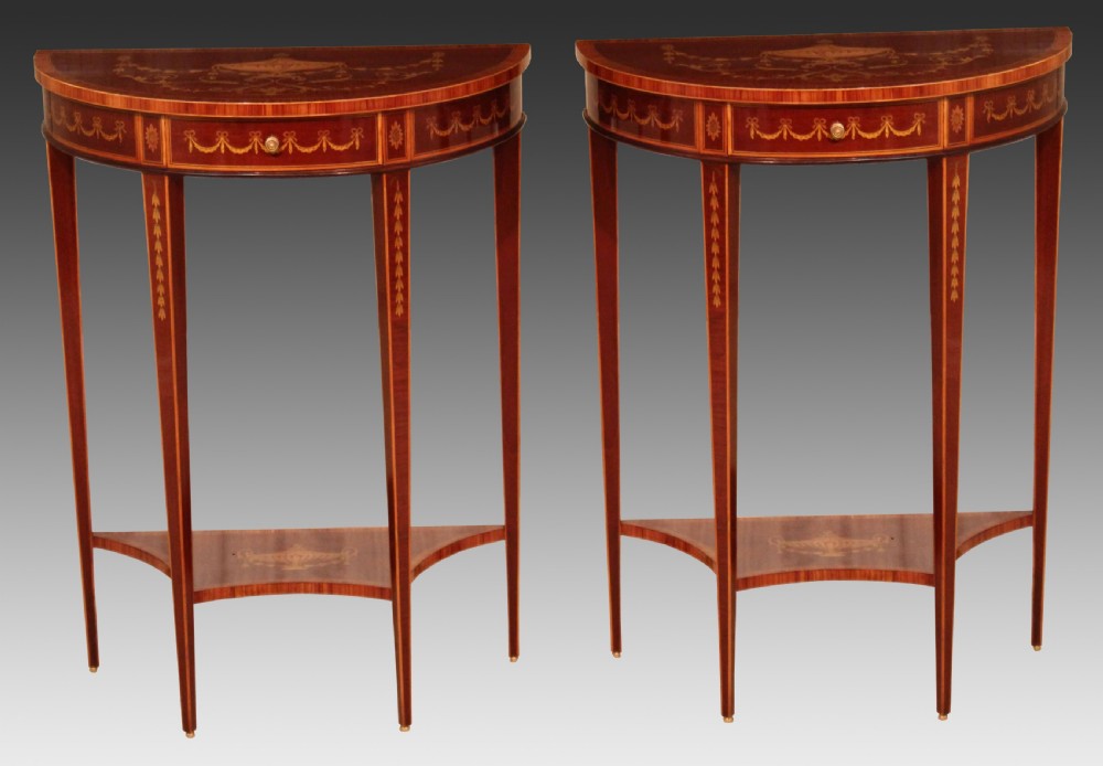 A Pair of Exhibition Quality Late Victorian Mahogany Inlaid Demi Lune Side Tables By Edwards & Roberts