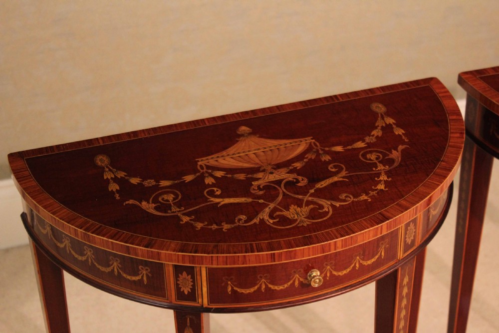 A Pair of Exhibition Quality Late Victorian Mahogany Inlaid Demi Lune Side Tables By Edwards & Roberts View II