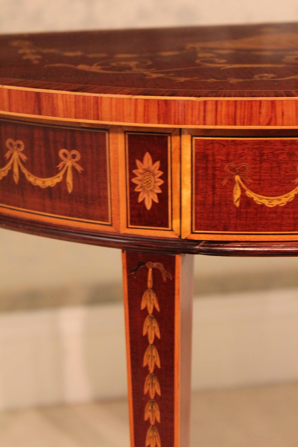 A Pair of Exhibition Quality Late Victorian Mahogany Inlaid Demi Lune Side Tables By Edwards & Roberts View IV