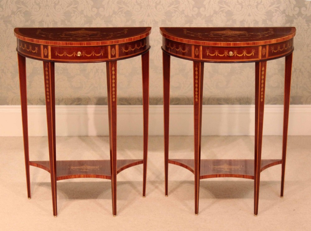 A Pair of Exhibition Quality Late Victorian Mahogany Inlaid Demi Lune Side Tables By Edwards & Roberts View VI