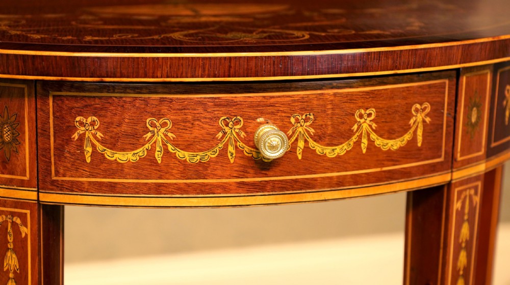 An Exhibition Quality Late Victorian Mahogany Inlaid Demi Lune Table View II