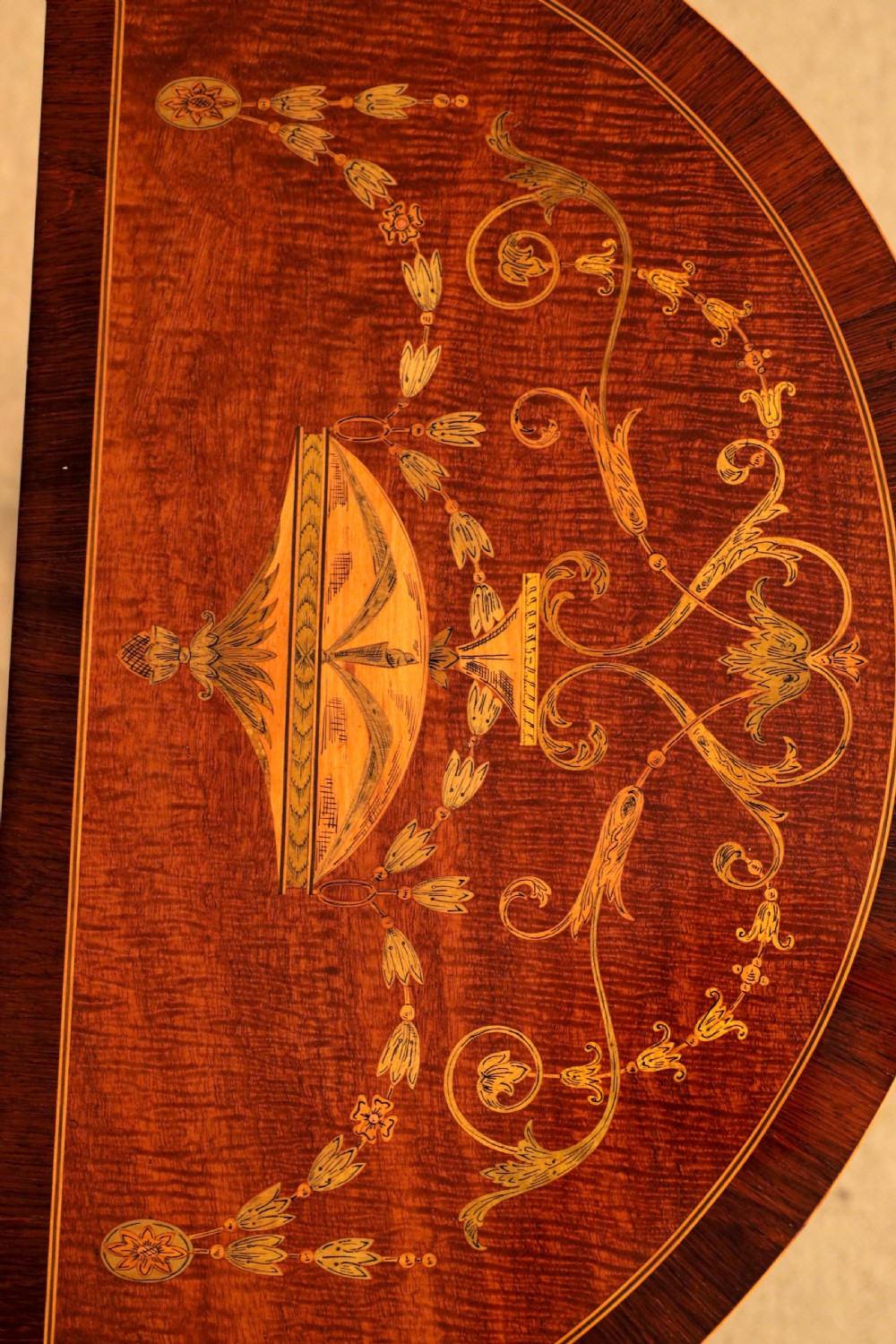 An Exhibition Quality Late Victorian Mahogany Inlaid Demi Lune Table View V