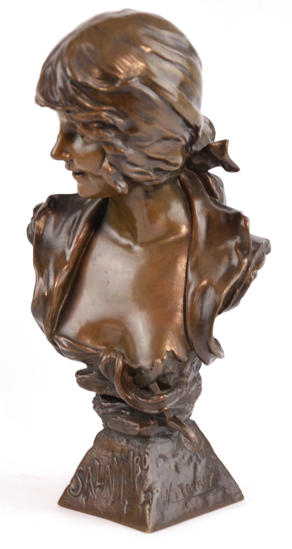 An Art Nouveau Bronze Bust titled 'Salammbo' Signed N. Telriv View II