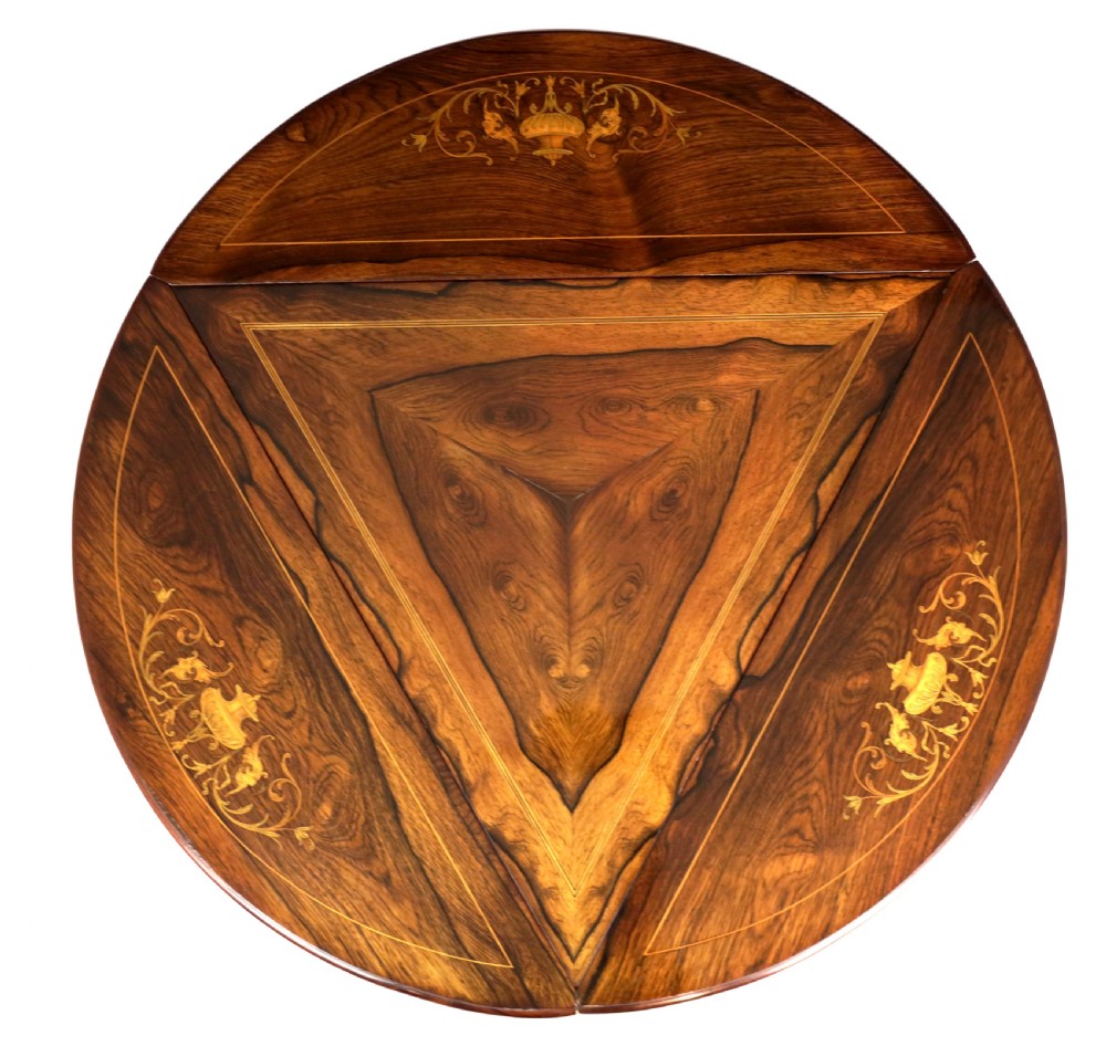 A Victorian Rosewood Marquetry Triangular Dropleaf Occasional Table View II