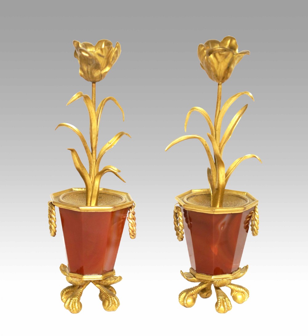 A Fine Pair of 19th Century Agate and Ormolu Candlesticks