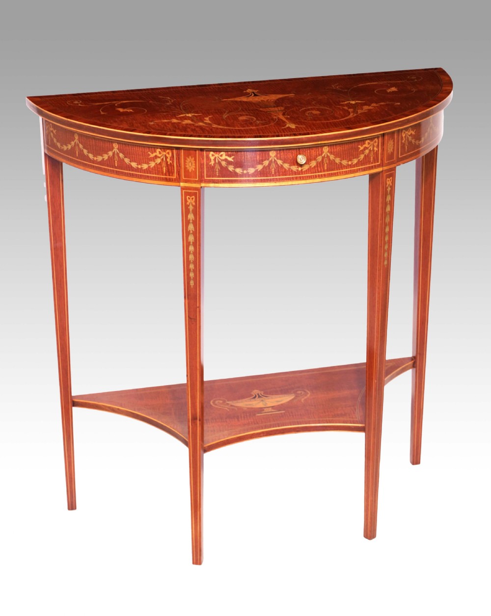 A Quality Late Victorian Mahogany Inlaid Demi Lune Table