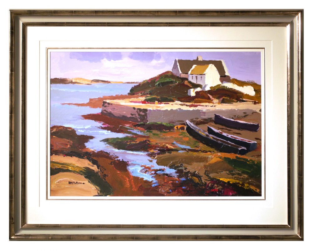 A framed oil painting depicting a coastal landscape with whitewashed cottages, wooden boats on a shore, and bold impasto brushstrokes.