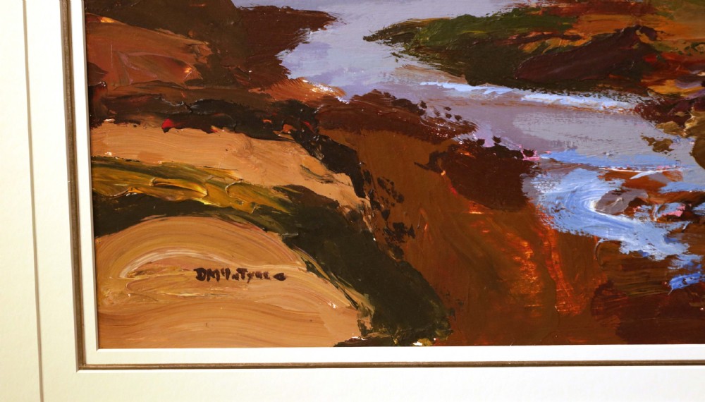 A framed oil painting depicting a coastal landscape with whitewashed cottages, wooden boats on a shore, and bold impasto brushstrokes. View II