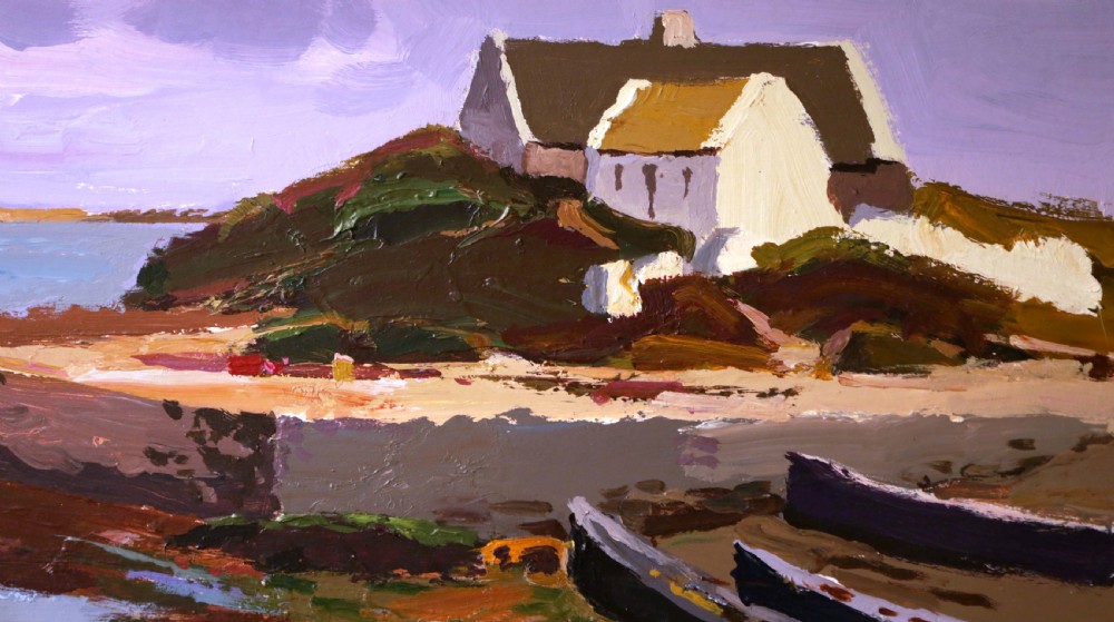 A framed oil painting depicting a coastal landscape with whitewashed cottages, wooden boats on a shore, and bold impasto brushstrokes. View III