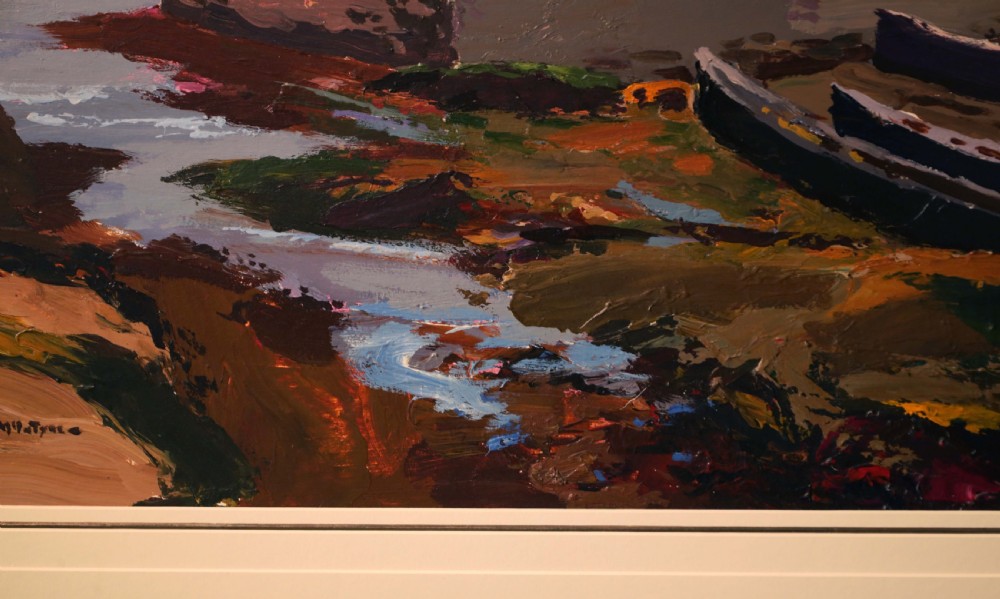 A framed oil painting depicting a coastal landscape with whitewashed cottages, wooden boats on a shore, and bold impasto brushstrokes. View IV