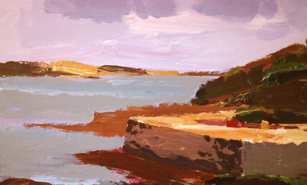 A framed oil painting depicting a coastal landscape with whitewashed cottages, wooden boats on a shore, and bold impasto brushstrokes. View V