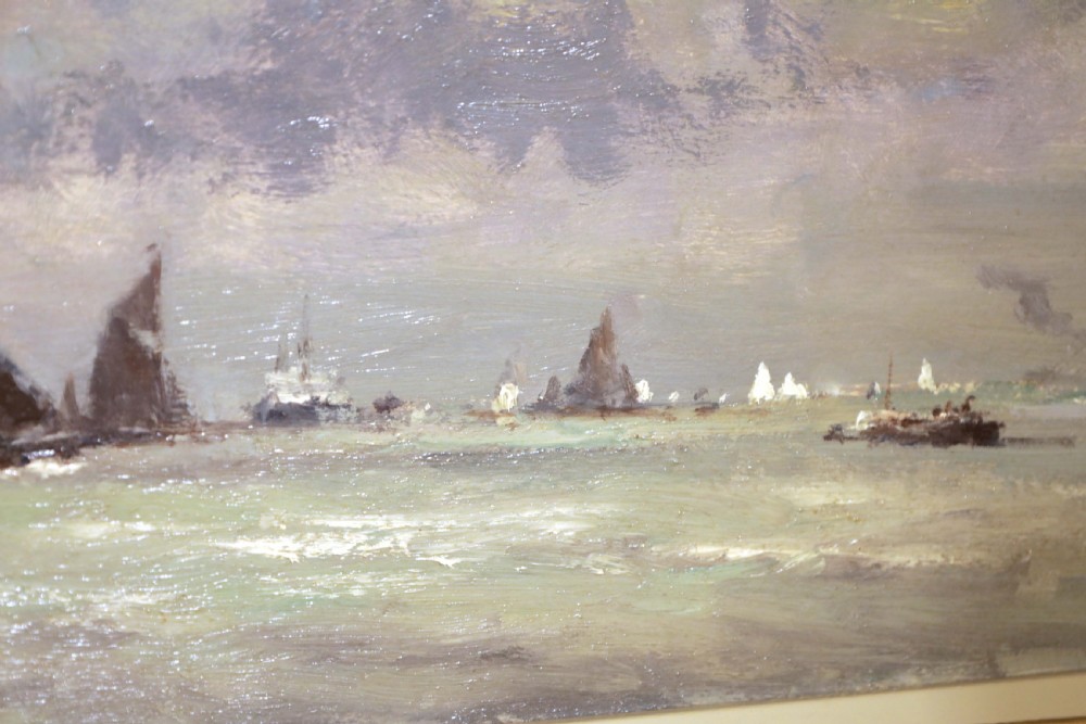 An original oil painting on canvas by Edward Seago depicting sailing boats on calm waters under a dramatic cloudy sky, presented in a molded gold frame. View III