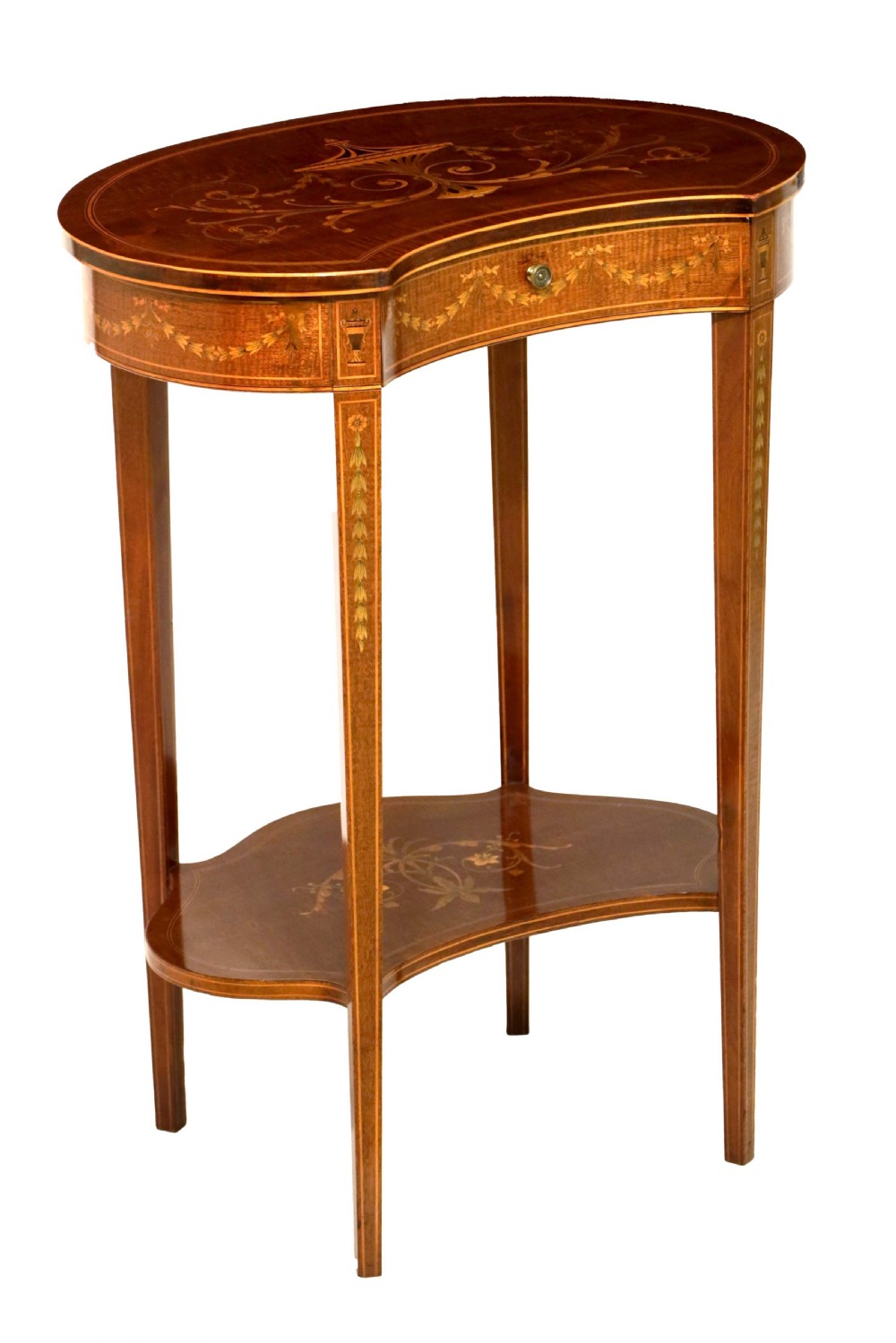 A late Victorian kidney-shaped mahogany side table featuring decorative floral marquetry inlay, slender tapered legs, a small apron drawer, and a lower tier shelf.