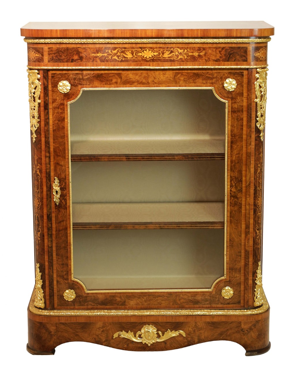 A pair of late nineteenth-century glazed display cabinets crafted from kingwood and walnut with decorative gilt-bronze mounts. View II