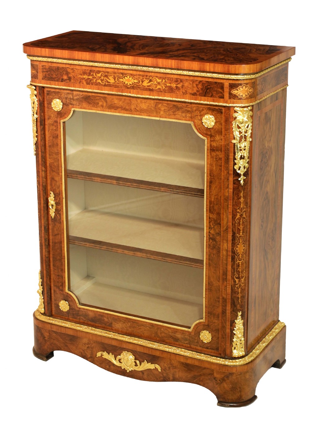 A pair of late nineteenth-century glazed display cabinets crafted from kingwood and walnut with decorative gilt-bronze mounts. View VIII