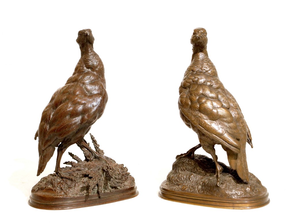 Ferdinand Pautrot, French, (1832 - 1874) A Pair Of French Bronze Game Bird Sculptures