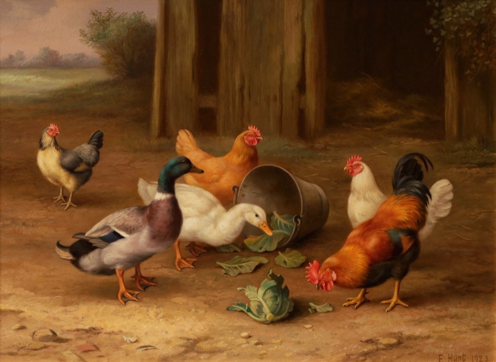 A framed oil painting depicting chickens, a cockerel, and ducks feeding outside a wooden barn, set within an ornate gilded frame. View II