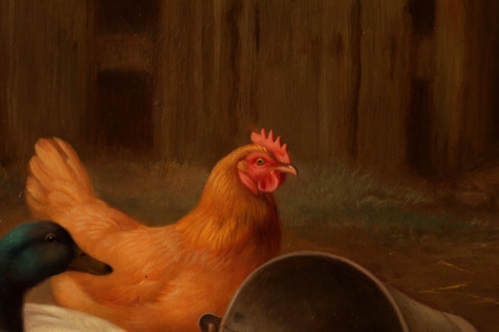 A framed oil painting depicting chickens, a cockerel, and ducks feeding outside a wooden barn, set within an ornate gilded frame. View IV
