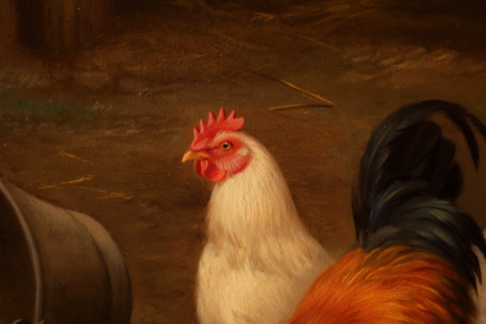 A framed oil painting depicting chickens, a cockerel, and ducks feeding outside a wooden barn, set within an ornate gilded frame. View VI