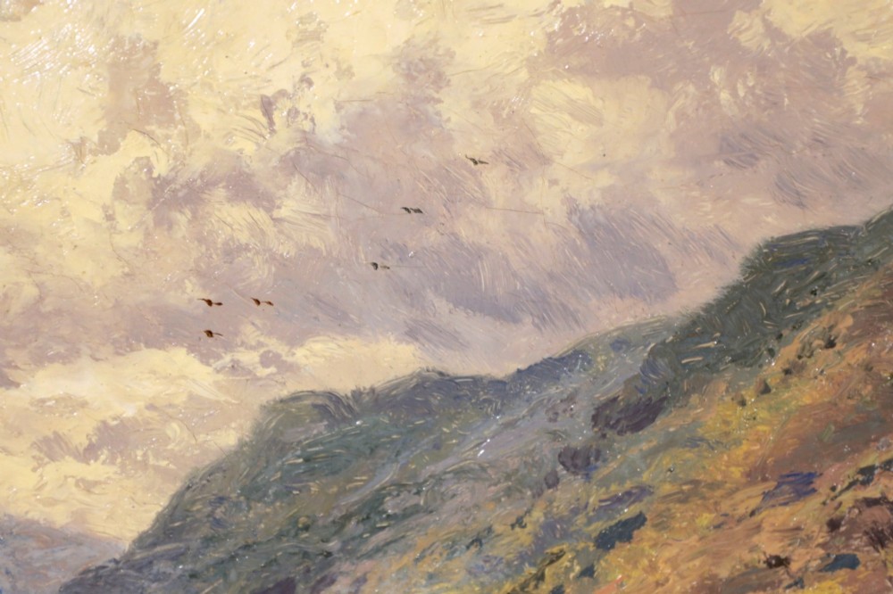 A Victorian oil painting depicting cattle watering at a mountain lake, housed within a deeply carved giltwood frame. View IV