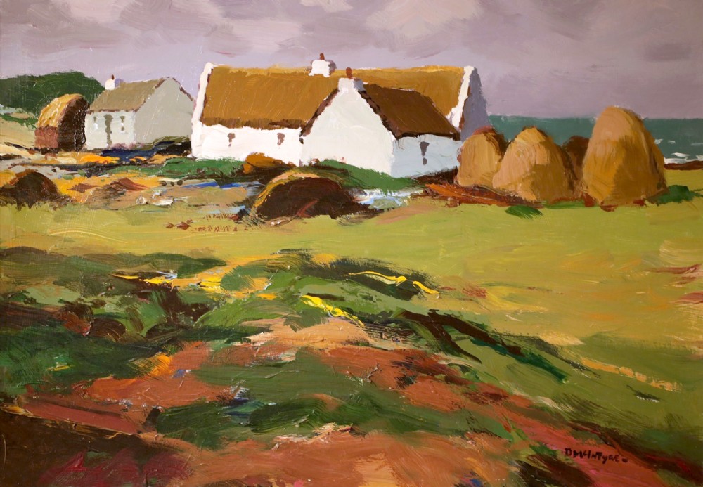 An original oil painting on board by Donald McIntyre depicting whitewashed coastal cottages with thatched roofs set in a green landscape, framed in a silver moulding. View II