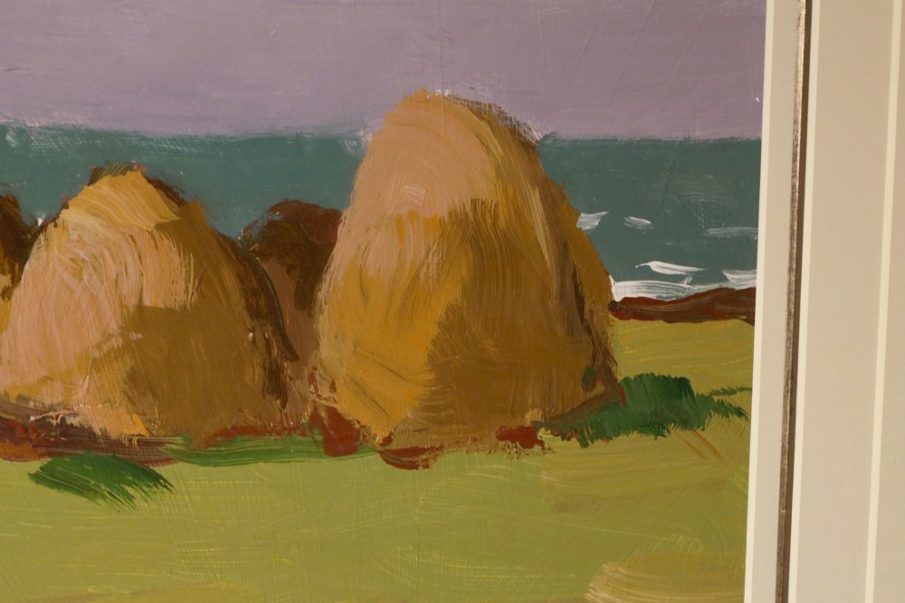 An original oil painting on board by Donald McIntyre depicting whitewashed coastal cottages with thatched roofs set in a green landscape, framed in a silver moulding. View VI