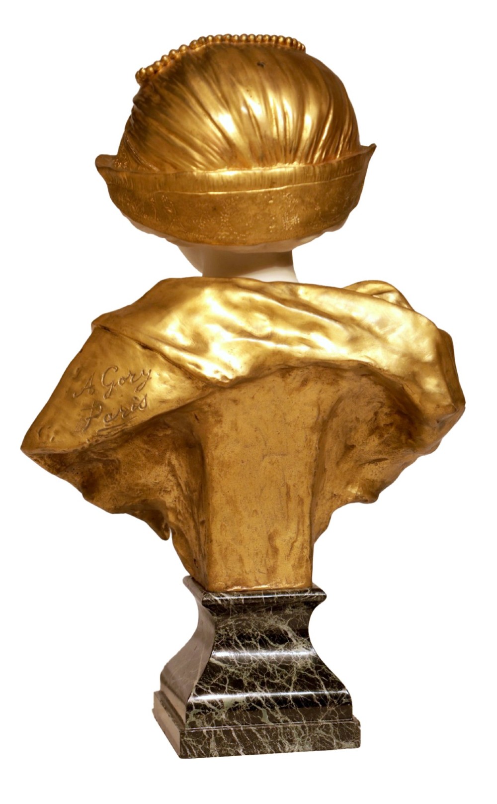 An Art Nouveau sculpture depicting a woman with a carved white alabaster face and neck, wearing a gilt bronze laced bodice and bonnet, set on a dark green veined marble base. View III