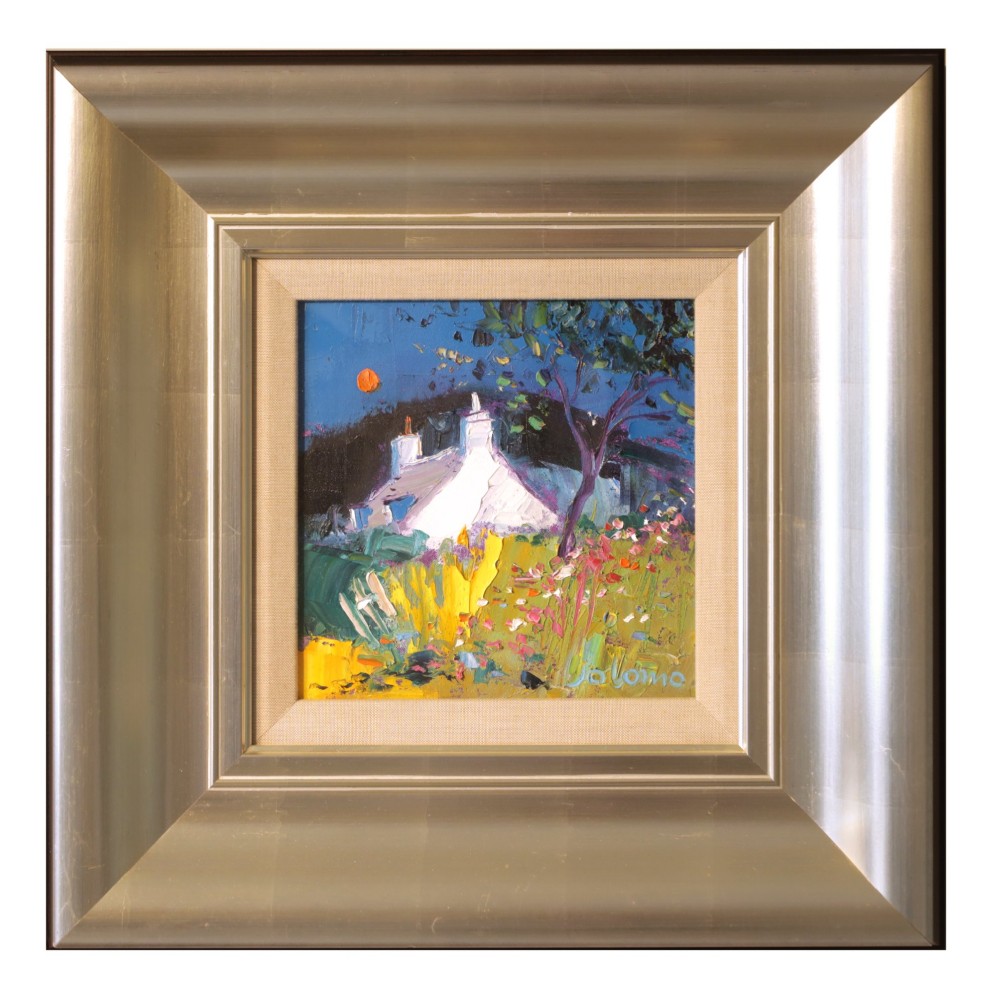 An expressionist landscape oil painting depicting a white Scottish cottage under a blue night sky with an orange sun, encased in a broad silver frame.