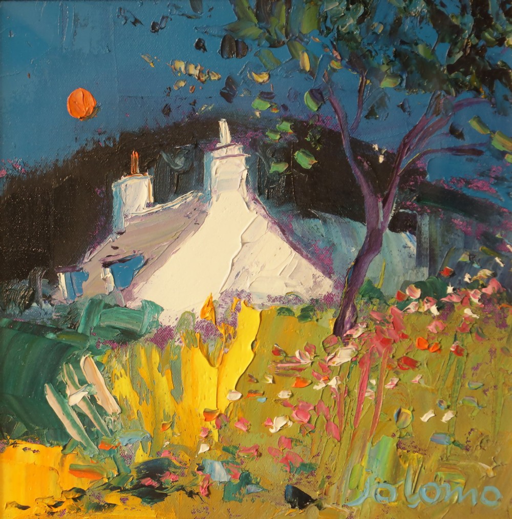An expressionist landscape oil painting depicting a white Scottish cottage under a blue night sky with an orange sun, encased in a broad silver frame. View II